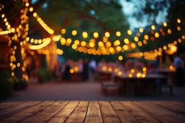 Rustic wooden table adorned with flickering candles and fresh floral arrangements in vintage vases, summer evening garden party ambiance under twinkling fairy lights with shallow depth of field and so