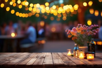 Rustic wooden table adorned with flickering candles and fresh floral arrangements in vintage vases, summer evening garden party ambiance under twinkling fairy lights with shallow depth of field and so
