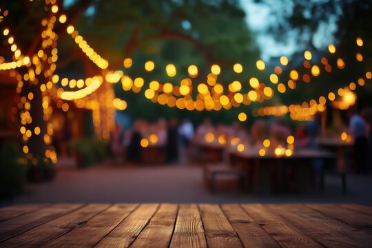 Rustic wooden table adorned with flickering candles and fresh floral arrangements in vintage vases, summer evening garden party ambiance under twinkling fairy lights with shallow depth of field and so