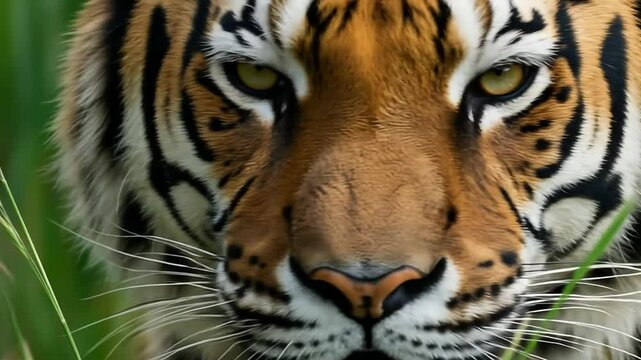 Close-up on the tiger&rsquo;s intense eyes, framed by tall grass. Every blink is calculated. The wind rustles slightly, but the predator remains completely still &mdash; focused, silent, lethal.