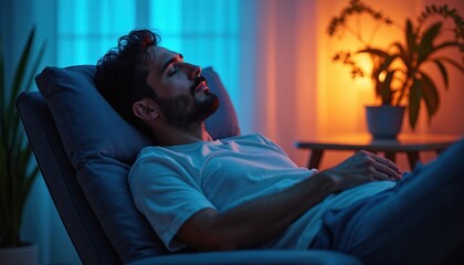 Fototapeta premium Man rests in recliner, enjoying daytime nap. Clear lighting emphasizes relaxed state, promoting mindfulness and restfulness. Concept polyphasic sleep schedule, recharging energy.