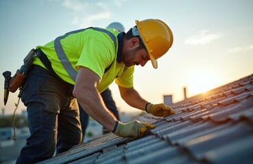 Handyman repairing roof. Construction worker wearing safety helmet, yellow vest. Roofer uses tools to fix tile. Sunset background. Teamwork, home renovation, construction site, building industry