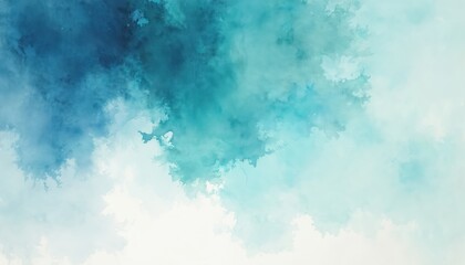 Fototapeta premium Abstract watercolor background with blue cyan teal mint colors. Light pastel design creates dreamy atmosphere. Brush splash daub stain grunge art evokes sky clouds or winter snow storm.