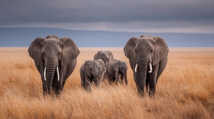 Fototapeta premium A group of elephants walking through a grassy field under a cloudy sky in serengeti national park
