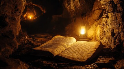 Illuminated Ancient Book in a Dark Cave with Lantern Light and Shadows