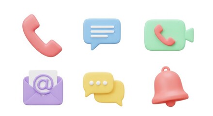 A 3D pastel set of 6 communication icons phone message video call chat bubble email bell