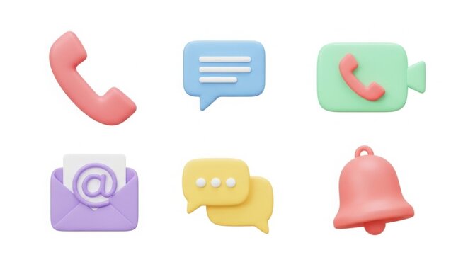A 3D pastel set of 6 communication icons phone message video call chat bubble email bell