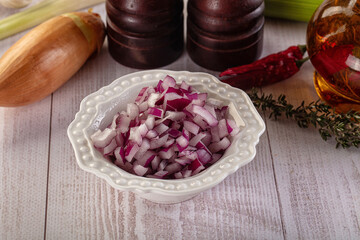 Diced red onion in the bowl