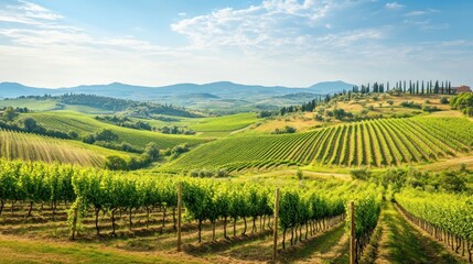 Obraz premium Lush Green Vineyard Landscape Under a Bright Blue Sky with Rolling Hills