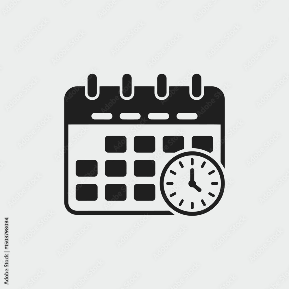 Poster silhouette icon of a class timetable or calendar with clock depicting scheduling, time management, a