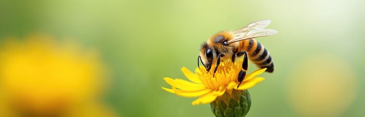 Close-up of bee collecting pollen on yellow flower. Honey bee working on sunny day at the green background. Summer spring nature, pollination, apiculture, honey.