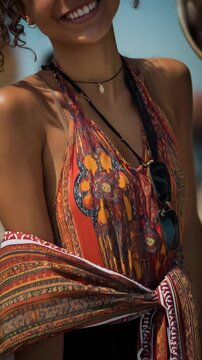 Portrait of a smiling woman wearing halter top with orange paisley design, choker necklace, and sunglasses on a sunny outdoor day.