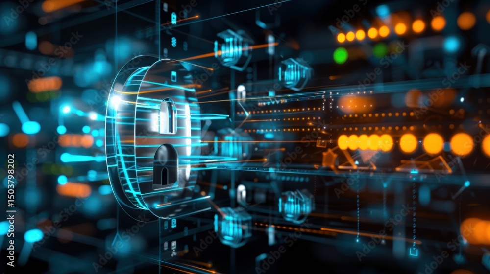 Poster cybersecurity action protecting digital assets virtual environment graphic visualization high-tech p