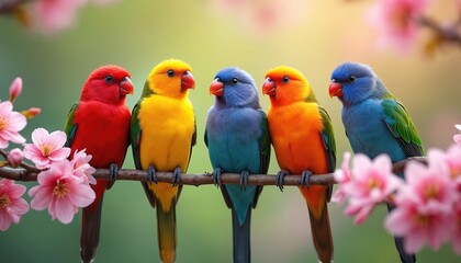Fototapeta premium Colorful birds perched on branch with pink spring blossoms. Exotic avian creatures in vibrant plumage. Wildlife scene showcases variety of colors. Birds sit on a branch in the open air.