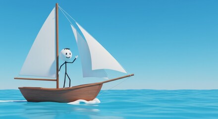 Fototapeta premium A cheerful stick figure sailing a small boat on a calm blue sea under a clear sky