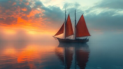 A traditional fishing boat with colorful sails floating on calm waters