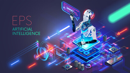 CPU with artificial intelligence. Chatbot looks out of AI chip on motherboard, answers questions. A robot or cyborg with bubble over an AI processor. An electronic chip with artificial intelligence.