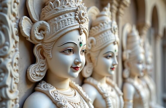 Radha Krishna Prem Mandir Vrindavan temple. White marble sculptures. Modern Hindu architecture in Mathura India. Detailed carvings, artistic decorations. Religious travel destination. Tourist