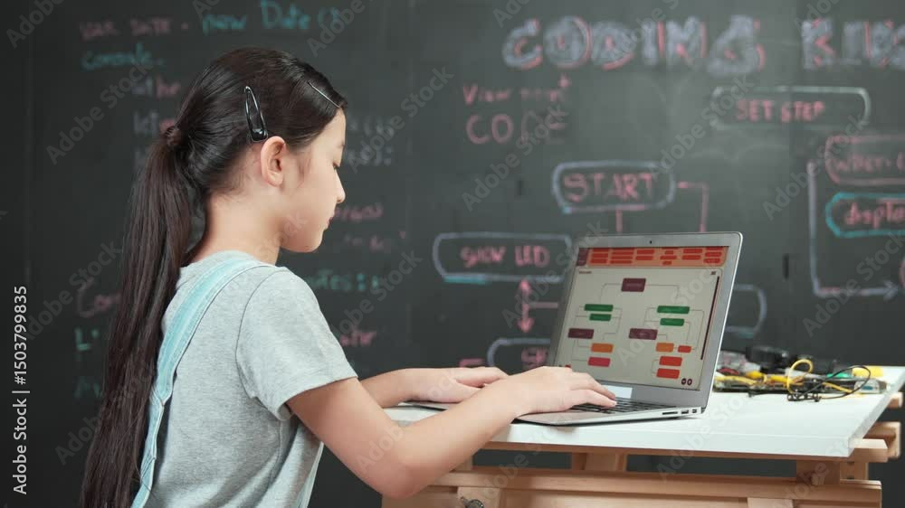 Poster young happy asian girl coding and programming prompt at blackboard. high school student using laptop