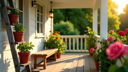 White house with a porch and a wooden bench. The porch has a row of potted plants