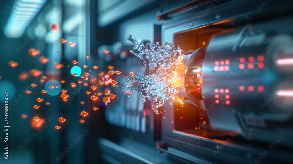Poster dynamic energy burst from quantum reactor futuristic laboratory digital art high-tech environment cl