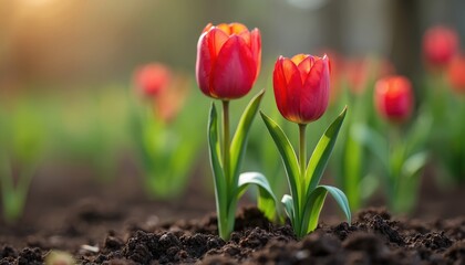 Obraz premium Vibrant red tulip flowers bloom in spring garden. Green leaves sprout from ground. Sunlight shines on petals. Close-up view of floral garden. Blossoming beauty.