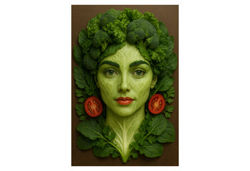 "Vegan Glow Up – Stunning Woman’s Face Reimagined with Vegetables as a Symbol of Green Beauty, Clean Eating, and Modern Plant-Based Feminine Power on a Minimal Neutral Background"