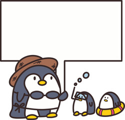 A penguin in a swimsuit holding a speech bubble