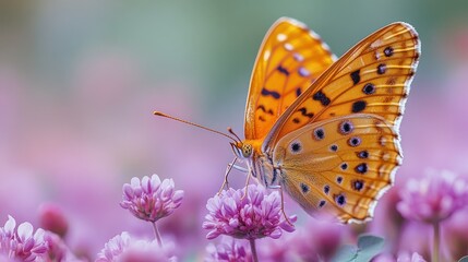 Obraz premium A golden butterfly resting on a field of pink and purple clover blooms