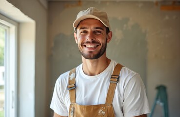 Young painter smiling, refurbishing home. Portrait of happy caucasian man in casual clothes at work. Home renovation, home improvement, painting walls, decorator, craftsmanship.