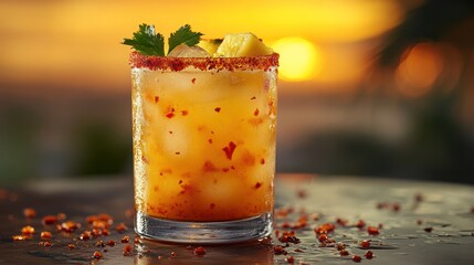 Spicy pineapple margarita with a chili rim, vibrant sunset reflecting in the drink