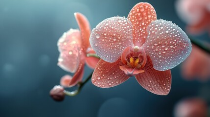 Isolated orchid bloom against a soft neutral gray backdrop, ultra-detailed macro