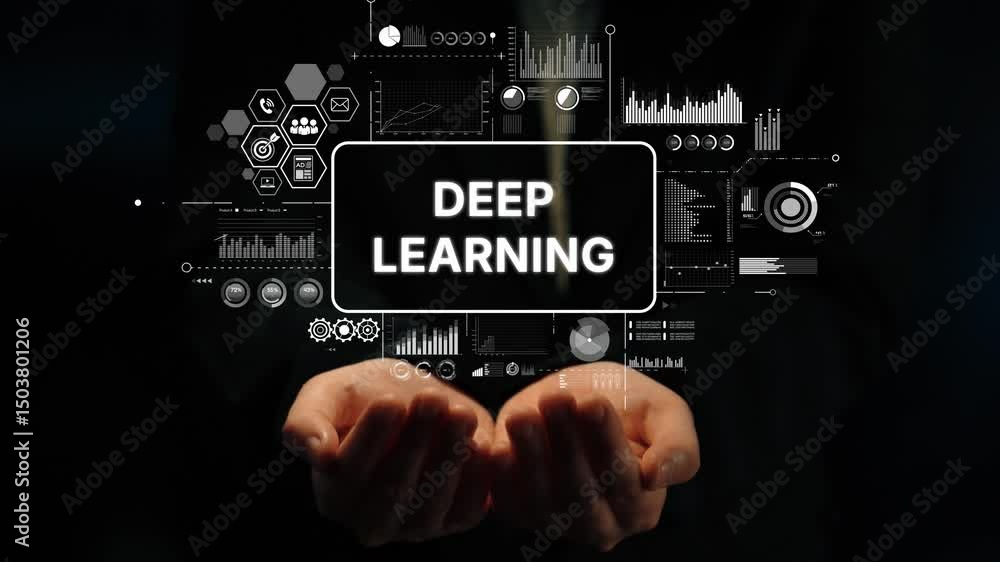 Poster hands holding conceptual representation of deep learning with data visualizations and graphs. asympt