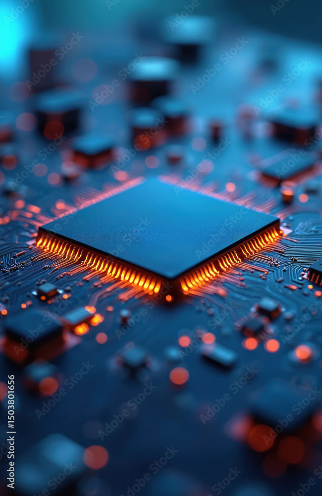 Poster close-up of computer circuit board processor with blue background. technology, electronic, computer 