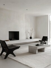 Modern Minimalist Living Room Interior Design with Concrete Coffee Table and Black Chairs