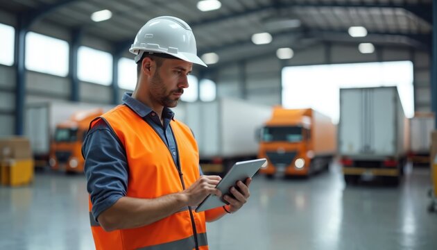 Worker in safety vest, hard hat uses tablet to manage delivery trucks, optimizing logistics. Warehouse setting, automation in action, focusing on vehicle fleet management, tech solutions.
