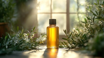 Organic olive oil beauty advertisement featuring a realistic cosmetic bottle, moisturizer, and fresh olive branches