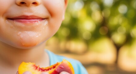 Child eating a juicy peach outdoors