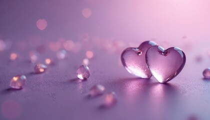 Obraz premium Two small glass transparent hearts on soft purple background. Romantic love concept, delicate, pastel, minimalistic, modern, elegant, charming, dreamy, vibrant, smooth, serene atmosphere.