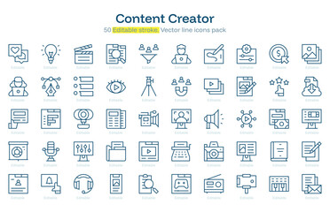 Content Creator line icon pack. Content Creator Stroke icon set. Editable Stroke icon