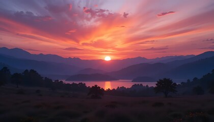 Naklejka premium Beautiful Summer Sunset with Vibrant Colors Evoking Chills – Generative AI
