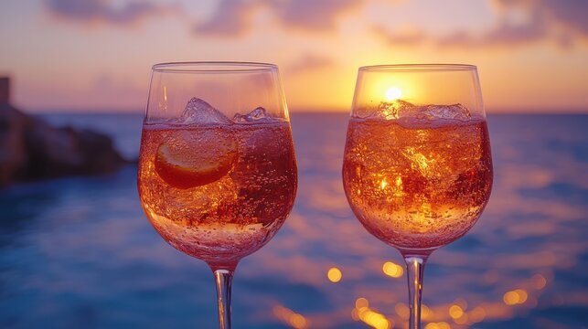 Two aperitivo glasses clinking together in a celebratory summer moment, strong contrast of red liquid against neutral tones