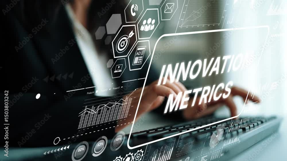 Poster Business Professional Analyzing Innovation Metrics on Digital Screen with Graphic Data Visualizations and Keyboard Input. Asymptotic smart data analytic.