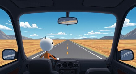 Fototapeta premium Cartoon character driving car through desert landscape under a bright blue sky