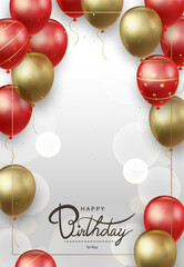 Birthday greeting card with floating gold and red balloons on a light background