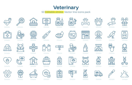 Veterinary line icon pack. Veterinary Stroke icon set. Editable Stroke icon