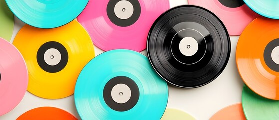 A collection of colorful records with one black record in the middle