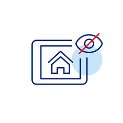 Vector icon of home displayed on tablet with crossed-out eye, symbolizing private residence, hidden smart home controls, or invisible monitoring. Ideal for smart home apps, privacy settings, and real 