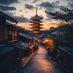 Fototapeta premium Serene Sunset View of a Japanese Pagoda and Traditional Street in Kyoto