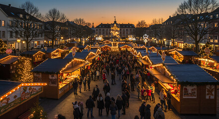 Obraz premium Illuminated Christmas Market Scene with Crowds and Festive Decorations at Dusk